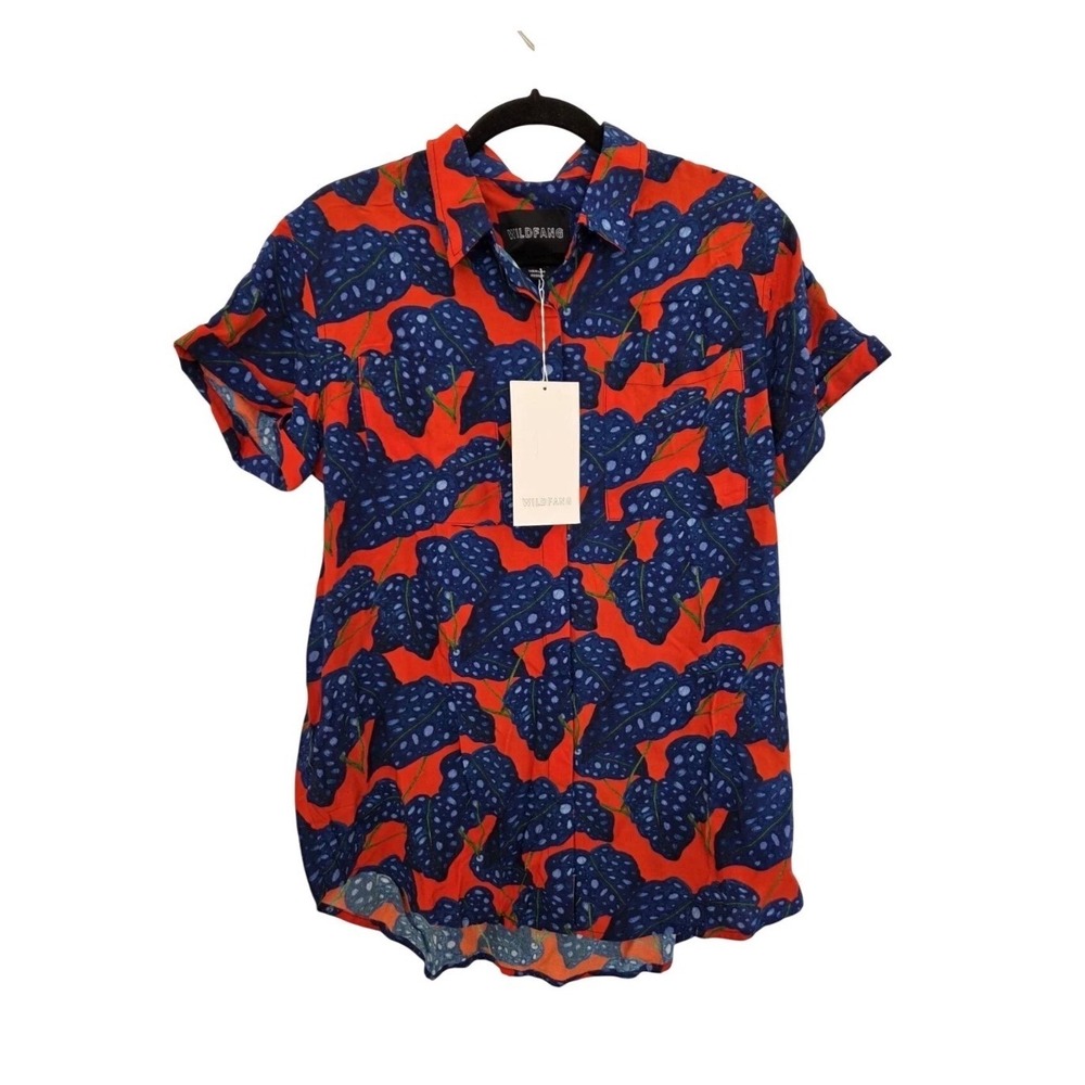 Wildfang Red Blue Spotted Leaf Print Short Sleeve Button‎ Down Shirt XS NEW